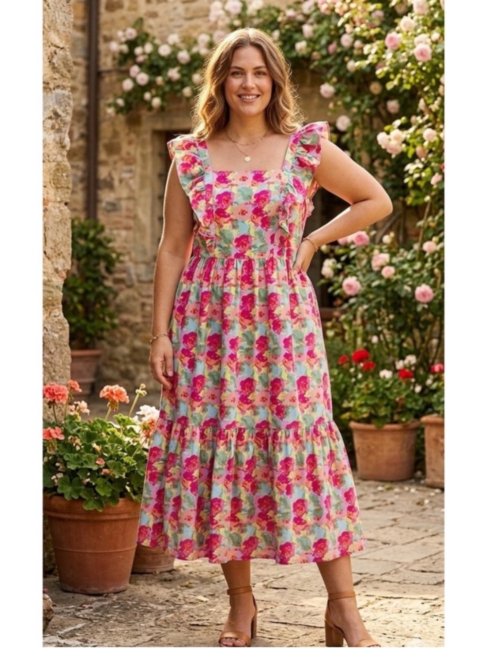 Floral Square-Neck Midi Dress in Pink and Green